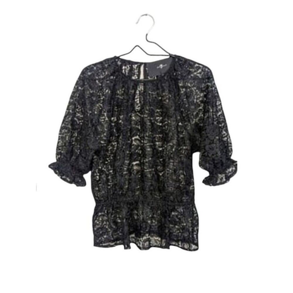 7 For All Mankind Black Soft Volume Lace Top Size S Half Sleeve Elastic Waist